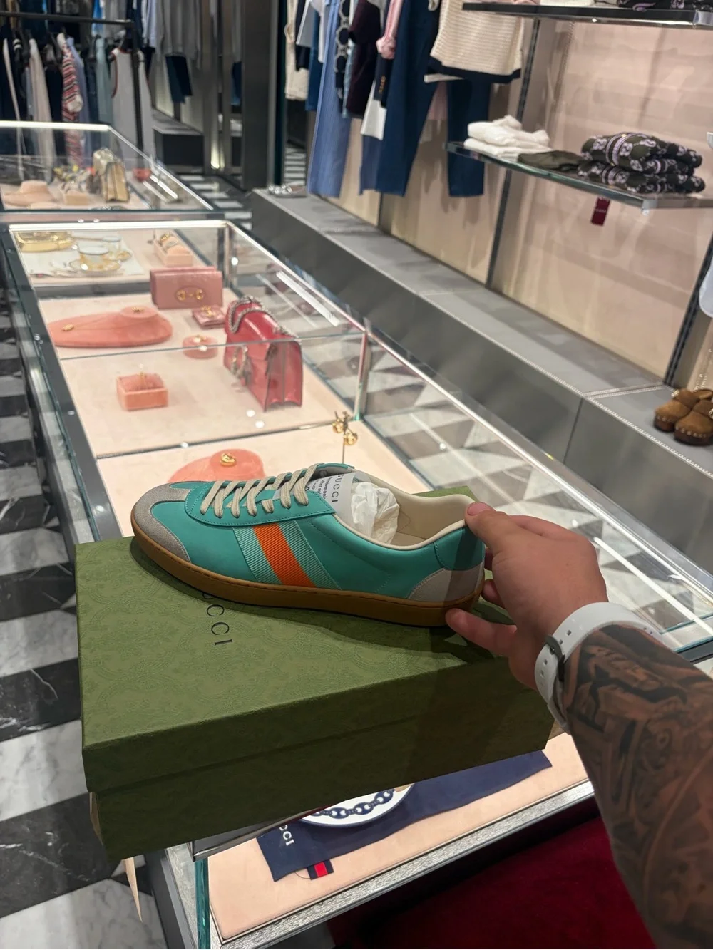 Gucci Teal Leather Low-Top Sneaker with Orange Stripes